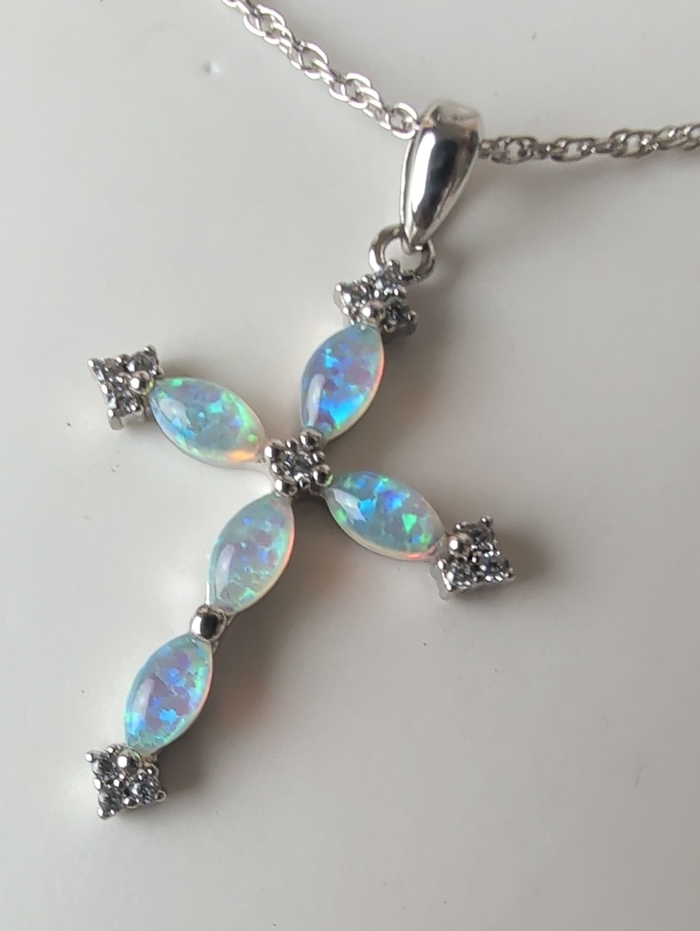Brilliance Fine Jewelry Simulated Opal Cross Necklace Sterling Silver Plated - Picture 6 of 7